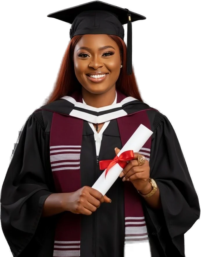 Jeune diplômée souriante en toge, tenant son diplôme au ruban rouge